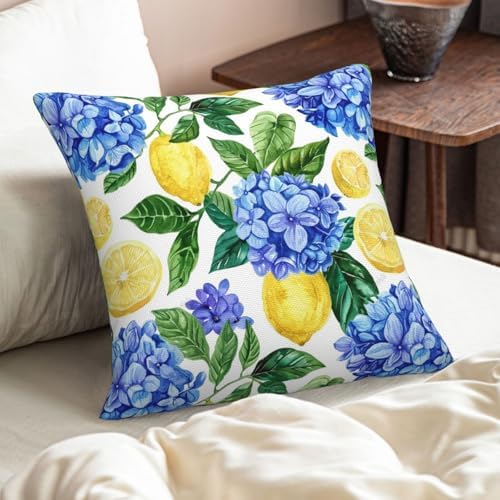 KiuLoam Summer Lemon Hydrangea Pillow Covers 16x16 Set of 2 Blue Yellow Floral Decorative Throw Pillow Covers Outdoor Farmhouse Cushion Cases for Sofa Couch Bed Living Room Decor - Image 2