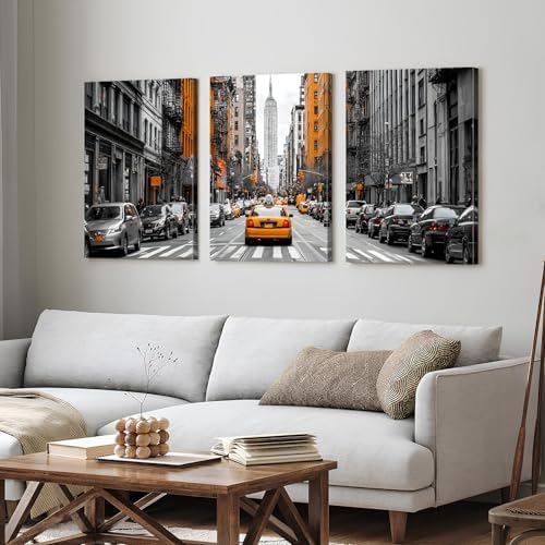 Black and White Nyc Wall Art Living Room Bedroom Wall Decor Cityscape Orange Taxi Framed Canvas Contemporary Street Car Poster Print City Photography Photo Man Bathroom Interior Decoration 24x36 3pcs - Image 6