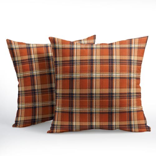 Fall Plaid Pillow Covers 24x24 Set of 2 Autumn Burnt Orange Scottish Tartan Square checked Outdoor Throw Pillows Covers Farmhouse Classic Decorative Farmhouse Cushion Case for Living Room Couch Sofa - Image 2