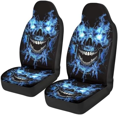 Blue Flame Skull Car Front Seat Covers Soft Car Seat Cover Easy Installation Breathable Front Seat Cover Protection Interior Accessories Universal for Auto Truck Van SUV 2 Pcs