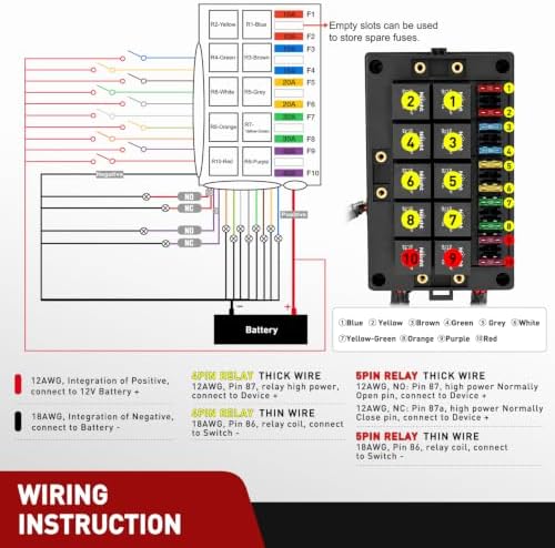 Nilight 12V Fuse Relay Box 10 Relays 4pin/5pin 40A 10 Fuses Pre-Wired Block