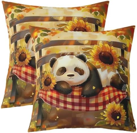 Manfei Cartoon Panda Pillow Covers Pack of 2,Rustic Sunflower Farmhouse Sunshine Double Sides Print Cushion Covers,Natural Lovely Wild Animal Square Couch Pillow Covers,24"x 24" by Manfei
