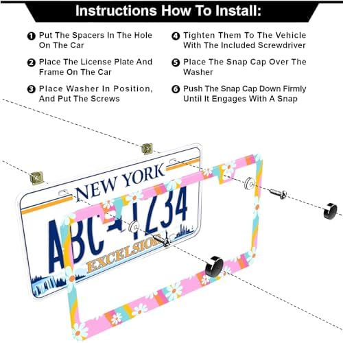 Summer Daisy Flowers Waves License Plate Frames, 2 Pack Summer Daisy Car Plate Frame, Stainless Steel License Plate Holders Covers with Free Screws Fasteners Caps (Summer Daisy Waves)