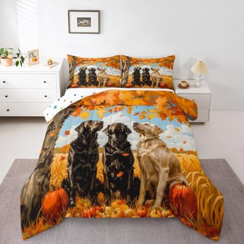 Feelyou Fall Bedding Set for Girls Boys Kids Twin Size Maple Leaves Pumpkin Comforter Cover Room Decor Dogs Duvet Cover Yellow Orange Quilt Set - Image 4