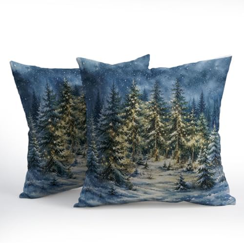 Winter Forest Blue Throw Pillow Covers 24x24 Set of 2 Snowy Night Pine Tree - Image 3