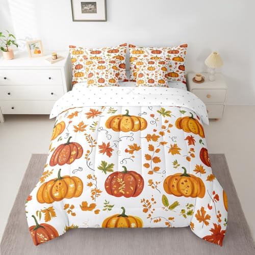 Erosebridal Farmhouse Thanksgiving Twin Comforter Set with Sheets 7 Piece Country Fall Theme Bedding Set,Autumn Harvest Pumpkin Bed in A Bag Nature Maple Leaves Bed Set with Comforter - Image 2