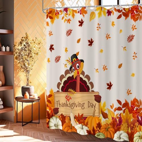 Thanksgiving Turkey Shower Curtain, Fall Autumn Harvest Pumpkins Falling Maple Leaves Thanksgiving Day Bathroom Curtain Waterproof Fabric Machine Washable with Hooks, 65" Wx72 L - Image 3