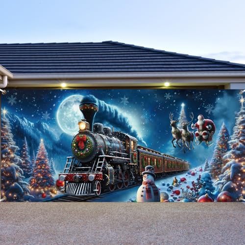 Preboun Christmas Polar Garage Door Decoration 7 x 16 ft Believe Train by Preboun