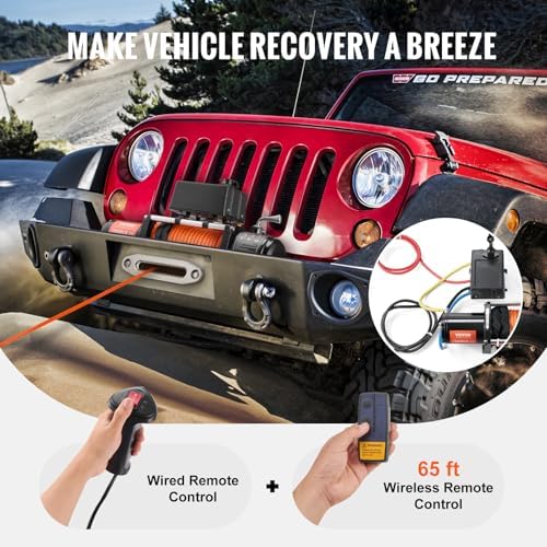 VEVOR Electric Winch, 10,000 lb Truck Trailer Jeep Winch, 12V DC 7/20 in x 65 ft Synthetic Rope Aluminum Fairlead Wireless & Wired Remote Control, IP55 Waterproof Towing for Off Road Jeep SUV Boat - Image 5