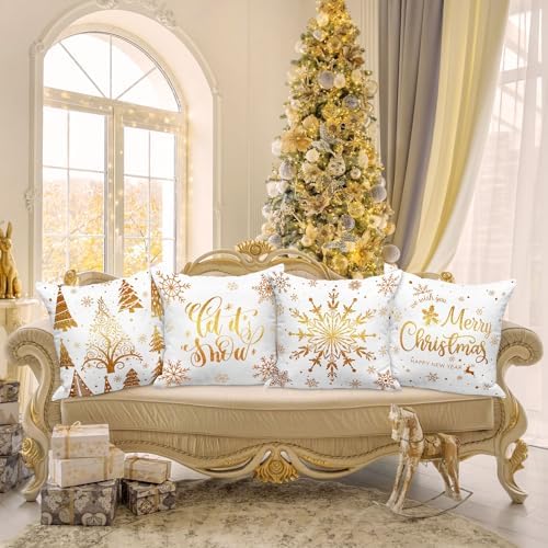 Lanpn White and Gold Bronzing Christmas Throw Pillow Covers 18x18 Set of 4, 18 inch Decorative Xmas Cushion Covers Pillow Cases for 18 x 18 Home Bedroom Room Holiday Couch Decor Decorations - Image 4