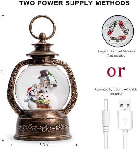 Christmas Snow Globe Lantern Water Glittering Snowman & Penguins with Music & Timer, USB Lined/Battery Operated Lighted Lantern for Christmas Festival Decoration Gifts - Image 4