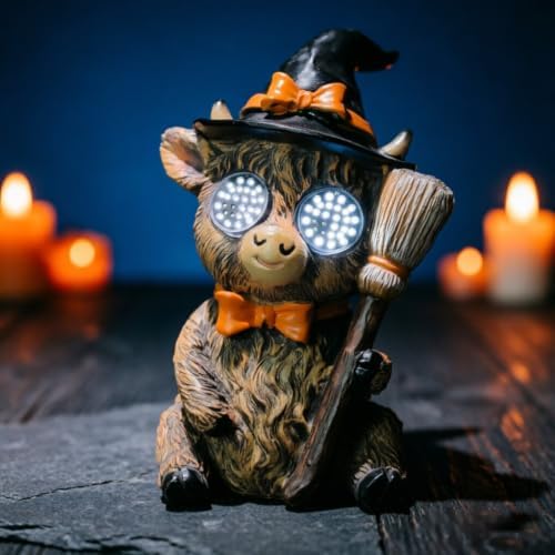 Halloween Highland Cow LED Statue, Witch Broom Decor by Unknown