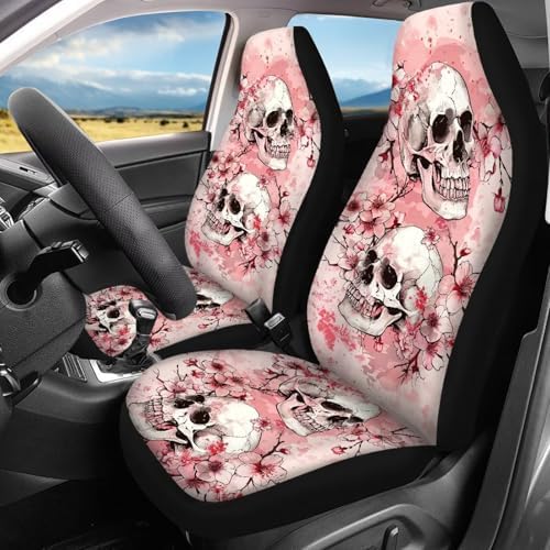 Skulls Pink Cherry Blossom Print Car Seat Covers 4Pcs Front & Rear Breathable Seat Covers Universal Fits for Truck, Sedan, SUV Auto Interior Protector Car Accessories