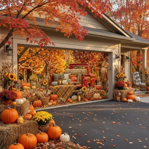 Fall Garage Door Cover 8x7ft Red Truck Pumpkin Scarecrow Harvest Decor - Image 5