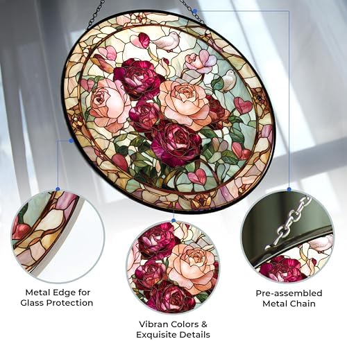 Valentine Blooming Roses Stained Glass Window Hanging Window Suncatcher 12" Glass Panel with Metal Chain Sun Catchers Wall Art Home Decor Gift for Women Mother's Day - Image 3