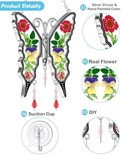 KY&BOSAM Butterfly Suncatchers Pressed Flowers Stained Glass Window Hanging - Image 6