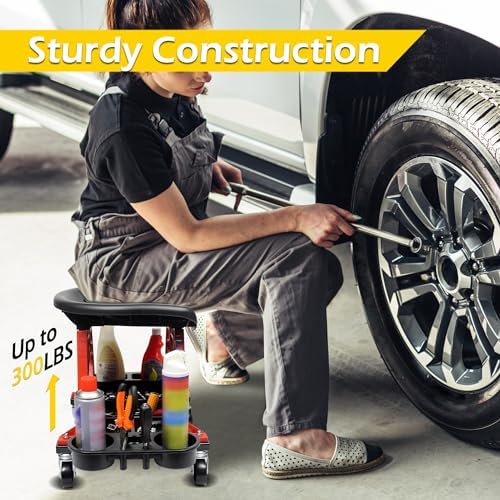 MaxWorks 50957 Ergonomic Seat Mechanic Stool Chair 22.9" L x 13.9" W x 17" H, with 4pcs 2.5" Swivel Casters, with Tool Tray for Workshop, Garage, Auto Repair - 300 Lbs Capacity - Image 2
