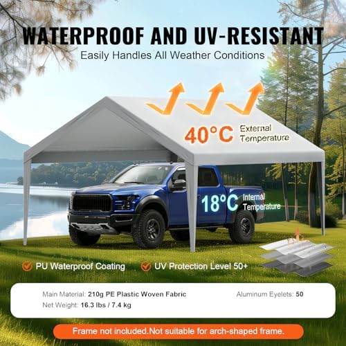 VEVOR Carport Replacement Canopy Cover 13 x 20 ft, Garage Top Tent Shelter Tarp Heavy-Duty Waterproof & UV Protected, Easy Installation with Ball Bungees,Grey (Only Top Cover, Frame Not Include) - Image 3