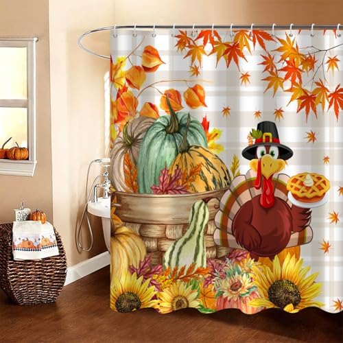Thanksgiving Turkey Shower Curtain, Fall Autumn Harvest Pumpkins Sunflower Plaid Thanksgiving Day Bathroom Curtain Waterproof Fabric Machine Washable with Hooks, 72" Wx96 L - Image 3
