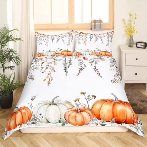 Erosebridal Happy Thanksgiving Duvet Cover Queen Size, Fall Pumpkin Harvest Bedding Set for Kids Girls Teen Adult,Maple Autumn Leaves Comforter Cover Rustic Farmhouse Bed Set Country Bedroom Decor by Erosebridal
