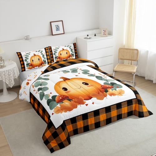 Erosebridal Fall Bedding Twin,Thanksgiving Pumpkin Comforter Set Green Eucalyptus Leaves Bed Sets Thanksgiving Autumn Leaf Duvet Insert 2 Pieces - Image 5