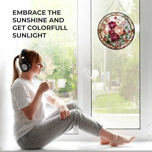 Valentine Blooming Roses Stained Glass Window Hanging Window Suncatcher 12" Glass Panel with Metal Chain Sun Catchers Wall Art Home Decor Gift for Women Mother's Day - Image 5