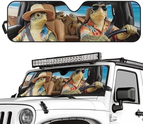 Renewold Car Windshield Sunshade Window Sun Visor Summer Sunlight UV Rays Heat Sun Shade Compatible with Jeep Wrangler JK JKU JL 1997-2023 2/4 Door Funny Sea Turtle Hawaii Easy Install Cover Shield