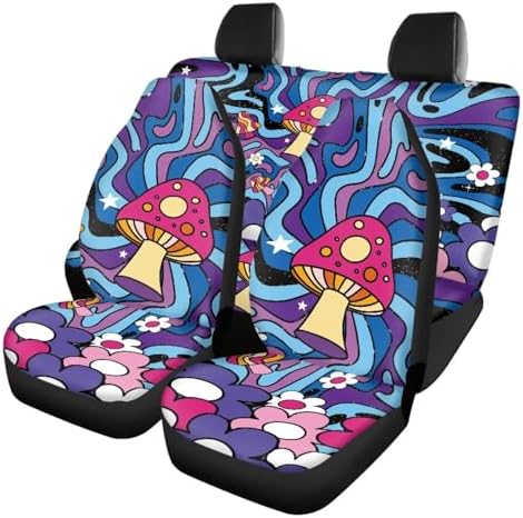 Trippy Mushroom Car Accessories Colorful Wavy Swirl Daisy Groovy Hippy Floral Print Car Front & Rear Seat Covers for Women 70s 80s Flower Aesthetic Auto Split Bench Protector Covers 4pcs