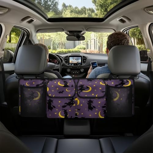 Hanging Car Trunk Organizer Halloween Witch Moon Star Print Car Back Seat Storage Bag Auto Cargo Bag Collapsible Auto Interior Accessories for Sedans SUV Jeep Trucks MPV Van