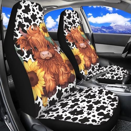 Car Seat Covers Universal Baby Highland Cow Print Front Car Seats Anti-Slip Back Fabric Protection Interior Accessories Universal Fit for Most Vehicle, 2 Pieces Set