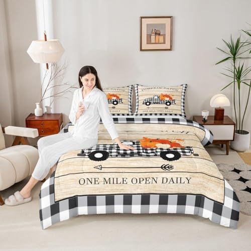 Homewish Rustic Farmhouse Truck Comforter Set Full Size,Black White Geometric Grid Bedding Kids Teens Adults Decor,Fall Pumpkin Themed Quilt Halloween Style Bedspread 3pcs with 2 Pillowcases - Image 5