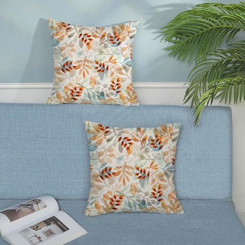 Fall Pillow Covers 18x18 Set of 2 Orange Blue Watercolor Leaves Pillowcase Autumn Thanksgiving Outdoor Decorative Throw Pillow Covers Linen Farmhouse Cushion Case for Couch Home - Image 4