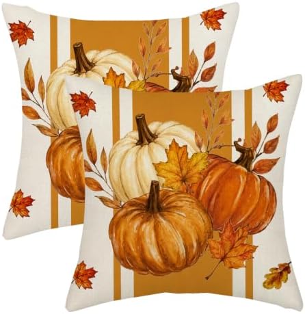Fall Orange White Pumpkin Pillow Covers 18x18 Set of 2 Stripes by Gohdiwh