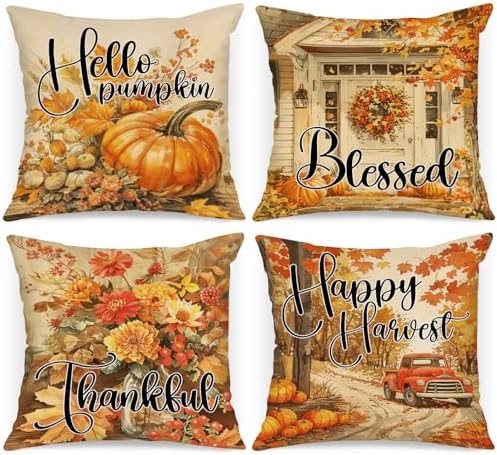 Benjia Fall 16x16 Throw Pillow Covers Set of 4, Watercolor Pumpkin hut car Decorative Holiday Pillow Case 16 x 16 Autumn Cushion Covers Thanksgiving Pillowcase for Indoor Home Bedroom Sofa Decor by Benjia