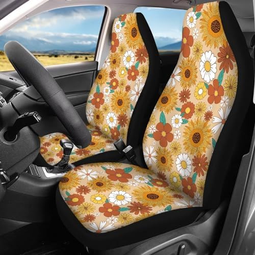 Retro Sunflower Flowers and Trippy Hippie Car Accessories 60S 70S Groovy Daisy Floral Print Front Black Seat Covers Full Set of 4 Pcs Aesthetic Accessories for Cars Truck Vehicle Interior