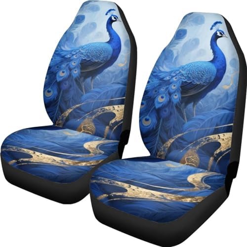 Blue Peacock Print Car Front Seat Cover 2 Piece Vehicle Interior Cover Protector Decor Accessory Seat for SUV Truck Van Sedan