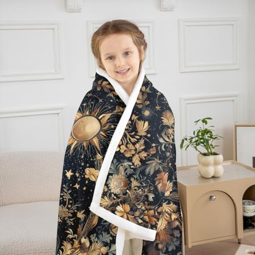 Boho Sun Moon Sherpa Blanket Mysterious Galaxy Throw Blanket Bedroom Living Room Soft Cozy Retro Flowers Plant Blankets Decor for Bed Couch Sofa Black Gold Flannel Blankets 40"x50" - Image 3