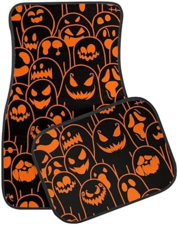 Orange Black Ghost Print Funny Halloween Car Floor Mats 4 PCS, Cute Durable Interior Accessories for Car SUV, All Weather Floor Mats with Front Rear Trunk Liners Set for Party