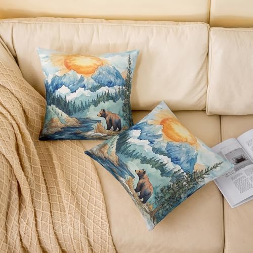 Manfei Lodge Pillow Case Covers 2 Pack 22"x 22",Wild Bear Jungle Hunting Animal 2 Reversible Print Pillow Covers,Watercolor Natural Sunset Mount Lake Pine Trees Paint Throw Sofa Pillow Covers - Image 2
