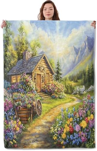 Spring House Flowers Blanket, Soft Warm Cozy Throw Gifts for Adults Kids Women, Lightweight Comfy Fuzzy Flannel Blankets for Couch, Travel, Car, Home Decor 50×40 Inch by Unknown