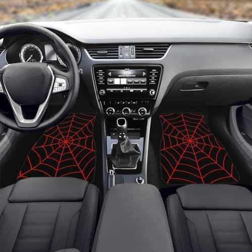 Spider Web Car Floor Mats Set of 4,Black Background with Red Spiderweb Halloween Pattern Vehicle Front Rear Carpets Mats Universal Car Rugs Bright Cobweb Pattern Car Accessories for Car Truck