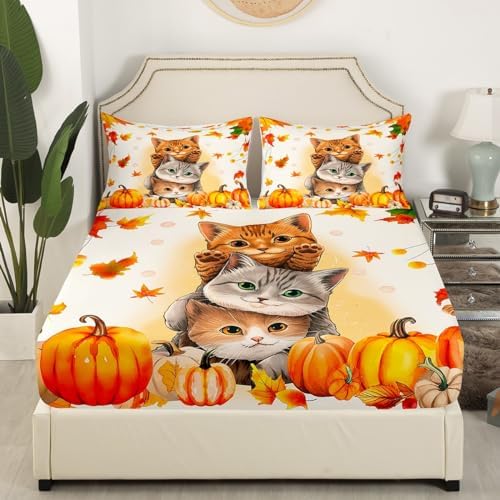 Erosebridal Kids Cute Cats Fitted Sheet Set King Fall Pumpkin Maple Leaf Bed Sheets for Girls Boys,Autumn Thanksgiving Bedding Sets,Happy Fall Decorations Flat Sheet for Home 2 Pillow Cases - Image 3