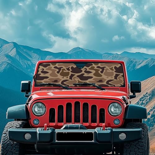 Renewold Duck Camo Automotive Windshield Sunshade UV Heat Sunlight Reflecting Foldable Front Window Sun Visor Car Shade for Windshield Easy Install Sun Shield for Jeep Wrangler Gladiator JT Summer