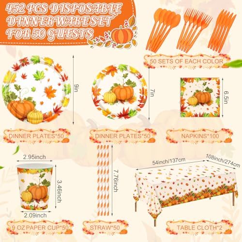 Funnymoom 452 Pcs Thanksgiving Fall Party Decorations for 50, Pumpkin Maple Leaf Thanksgiving Paper Plates Napkins Cups Tablecloth Cutlery Straws for Harvest Autumn Birthday Holiday Party Supplies - Image 2