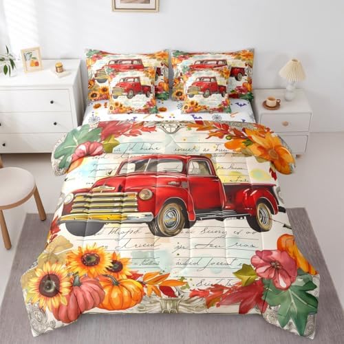 Erosebridal Red Farm Truck Car Bed in a Bag 7 Piece,Thanksgiving Pumpkin Fall Leaves Bedding Sets Autumn Harvest Farmhouse Twin Size Sheet Sets with Comforter,Flat Sheet,Fitted Sheet,Pillowcases by Erosebridal
