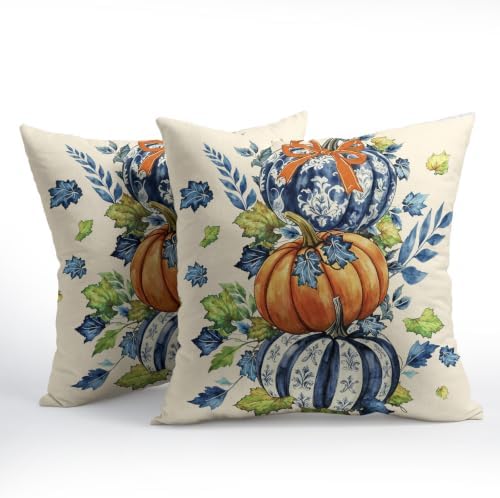 Fall Pumpkin Pillow Covers 18x18 Set of 2 Blue Orange Maple Leaves Bow Chinoiserie Outdoor Throw Pillows Covers Autumn Thanksgiving Harvest Decorative Farmhouse Cushion Case for Living Room Couch Sofa - Image 2