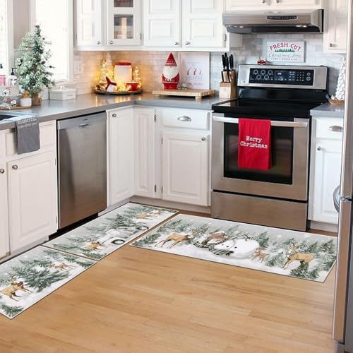 U'Artlines Christmas Kitchen Rugs and Mats Set of 3,Xmas Tree Snowman Deer - Image 5