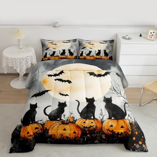 Happy Halloween Comforter Set Moon Pumpkin Cats Comforter Toddler Size Cartoon Cat Bat Animal Rustic Bedding Set for Kids Adult Bedroom Decor Fashion White Quilt Duvet,2 Pcs with 1 Pillowcase by Homewish