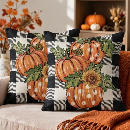 Fall Thanksgiving Pillow Covers 24x24 Set of 2, Autumn Polka Dot Pumpkin Sunflower Print Buffalo Plaid Decorative Throw Pillow Cases Holiday Outdoor Seasonal Farmhouse Decor for Sofa Couch Bed by Unknown
