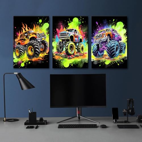Graffiti Monster Truck Wall Art Funny Car Canvas Prints Pictures Kids Bedroom Wall Decor Cool Watercolor Hot Wheels Monster Supercar Poster Artwork for Boys Gamer Men Dorm Decorations 16x24"x3P - Image 5